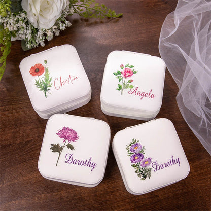 Jewelry Travel Case with Birth Flower, Custom Name White Jewelry Box for Earrings, Rings, Necklaces, Bracelet, Gifts for Bridesmaid/Girls/Mothers