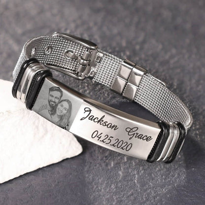 Personalized Photo and Engraved Text Stainless Steel Bracelet, Adjustable Men Bracelet, Father's Day Gift for Dad/Grandpa/Husband