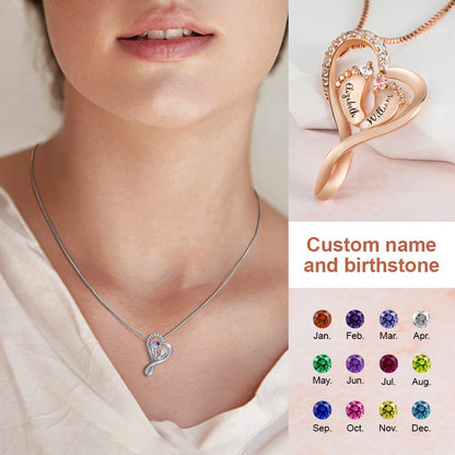 Baby Name Necklace with 2 Custom Footprints, Twins Birthstone Heart Necklace Gift for New Mom