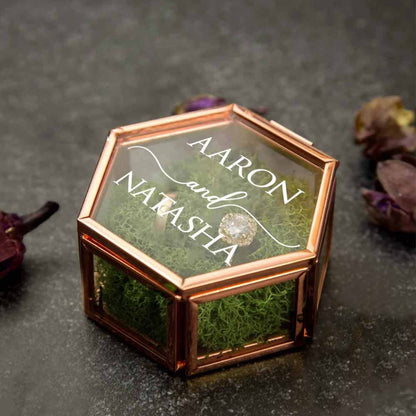 Hexagon Glass Ring Box with Moss, Names & Initials Ring Holder, Personalized Ring Box for Proposal/Wedding/Engagement
