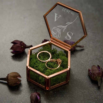 Hexagon Glass Ring Box with Moss, Names & Initials Ring Holder, Personalized Ring Box for Proposal/Wedding/Engagement