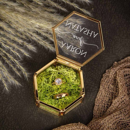 Hexagon Glass Ring Box with Moss, Names & Initials Ring Holder, Personalized Ring Box for Proposal/Wedding/Engagement
