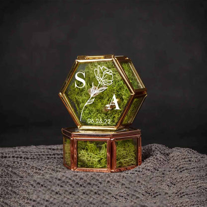 Hexagon Glass Ring Box with Moss, Names & Initials Ring Holder, Personalized Ring Box for Proposal/Wedding/Engagement