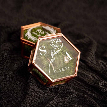 Hexagon Glass Ring Box with Moss, Names & Initials Ring Holder, Personalized Ring Box for Proposal/Wedding/Engagement