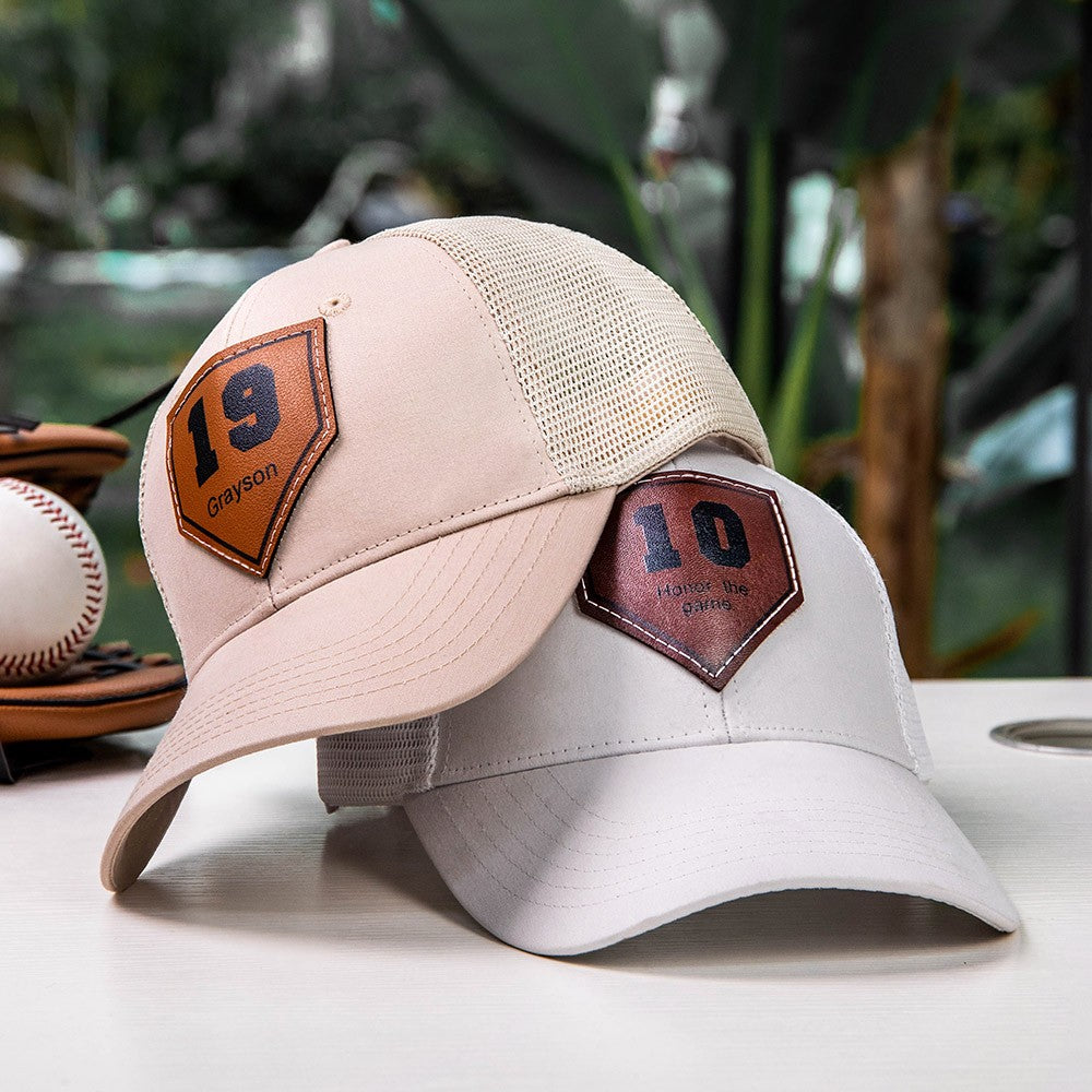 Custom Baseball Hat, Personalized Player Number Leather Patch Hat, Trucker Hat Snapback Baseball/Softball Cap for Men & Women, One Size Fits All