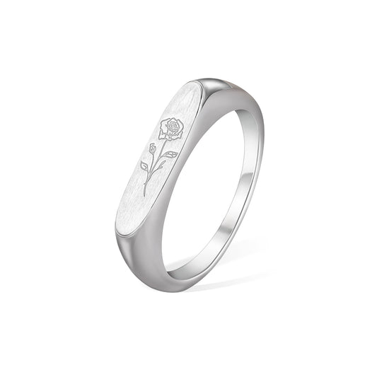 Birth Flower Ring, Floral Signet Ring, Sterling Silver/Brass Engraved Stack Ring, Birthday/Mother's Day Gift for Mother/Grandma/Wife/Friend