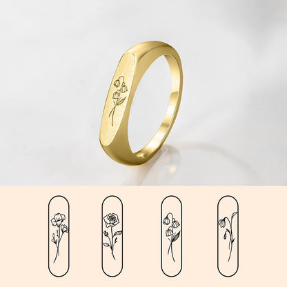 Birth Flower Ring, Floral Signet Ring, Sterling Silver/Brass Engraved Stack Ring, Birthday/Mother's Day Gift for Mother/Grandma/Wife/Friend