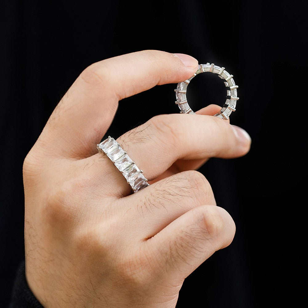 Cubic Zirconia Baguette Eternity Ring, Iced Out Brass Ring, Promise Ring Engagement Ring, Birthday/Anniversary/Valentine's Day Gift for Men/Women