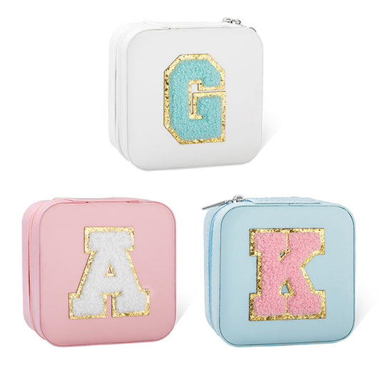 Custom Initial Jewelry Box with Chenille Letter Patch, Portable Jewelry Travel Case, Jewelry Organizer Box, Gift for Bridesmaids/Mom/Girlfriend