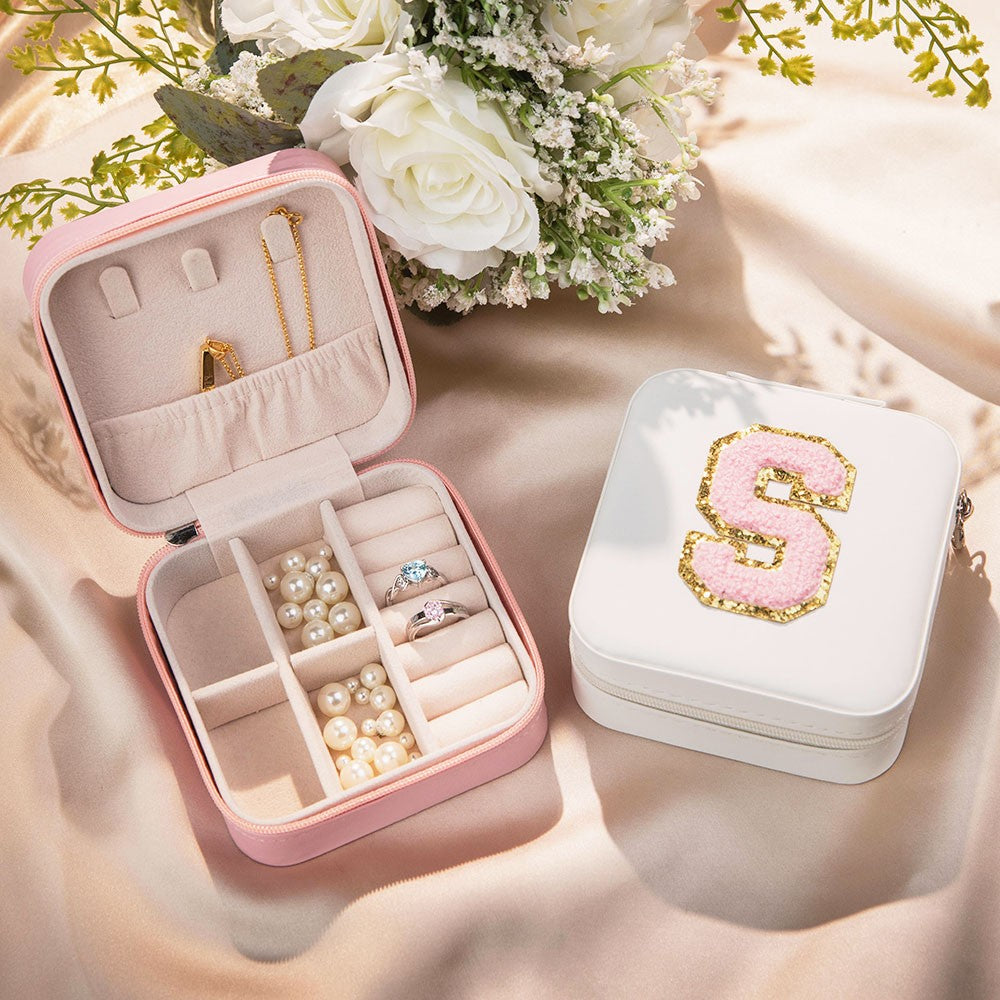 Custom Initial Jewelry Box with Chenille Letter Patch, Portable Jewelry Travel Case, Jewelry Organizer Box, Gift for Bridesmaids/Mom/Girlfriend
