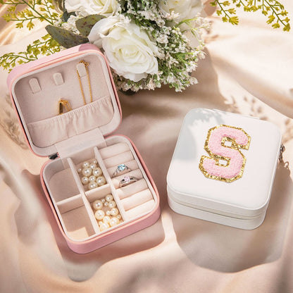 Custom Initial Jewelry Box with Chenille Letter Patch, Portable Jewelry Travel Case, Jewelry Organizer Box, Gift for Bridesmaids/Mom/Girlfriend