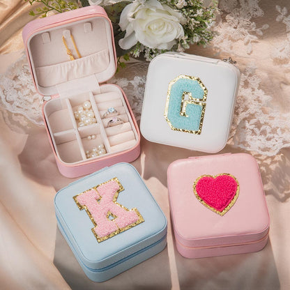 Custom Initial Jewelry Box with Chenille Letter Patch, Portable Jewelry Travel Case, Jewelry Organizer Box, Gift for Bridesmaids/Mom/Girlfriend