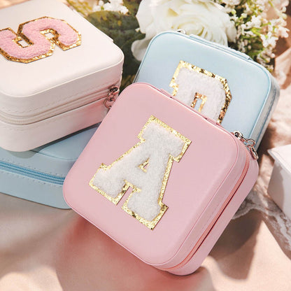 Custom Initial Jewelry Box with Chenille Letter Patch, Portable Jewelry Travel Case, Jewelry Organizer Box, Gift for Bridesmaids/Mom/Girlfriend