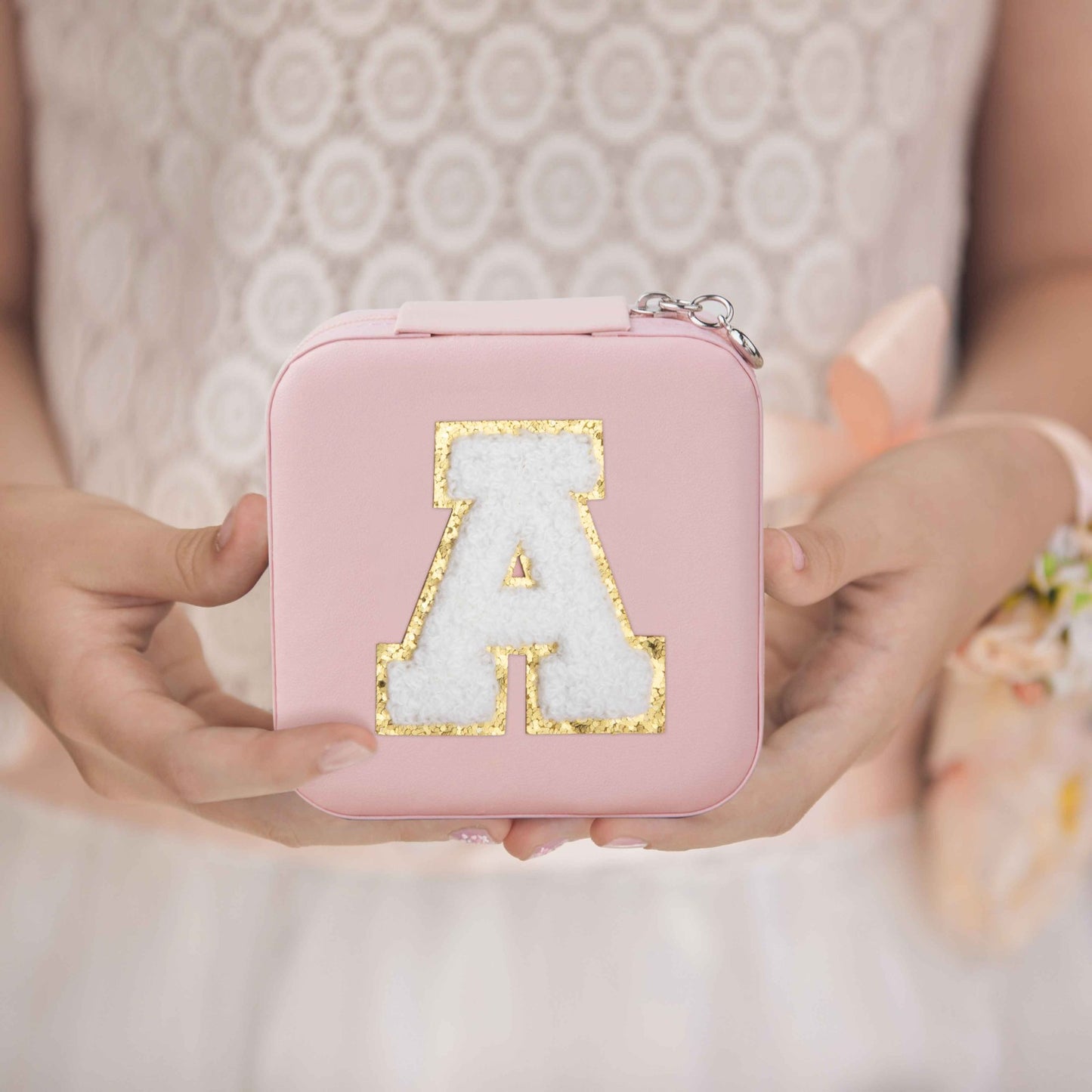Custom Initial Jewelry Box with Chenille Letter Patch, Portable Jewelry Travel Case, Jewelry Organizer Box, Gift for Bridesmaids/Mom/Girlfriend