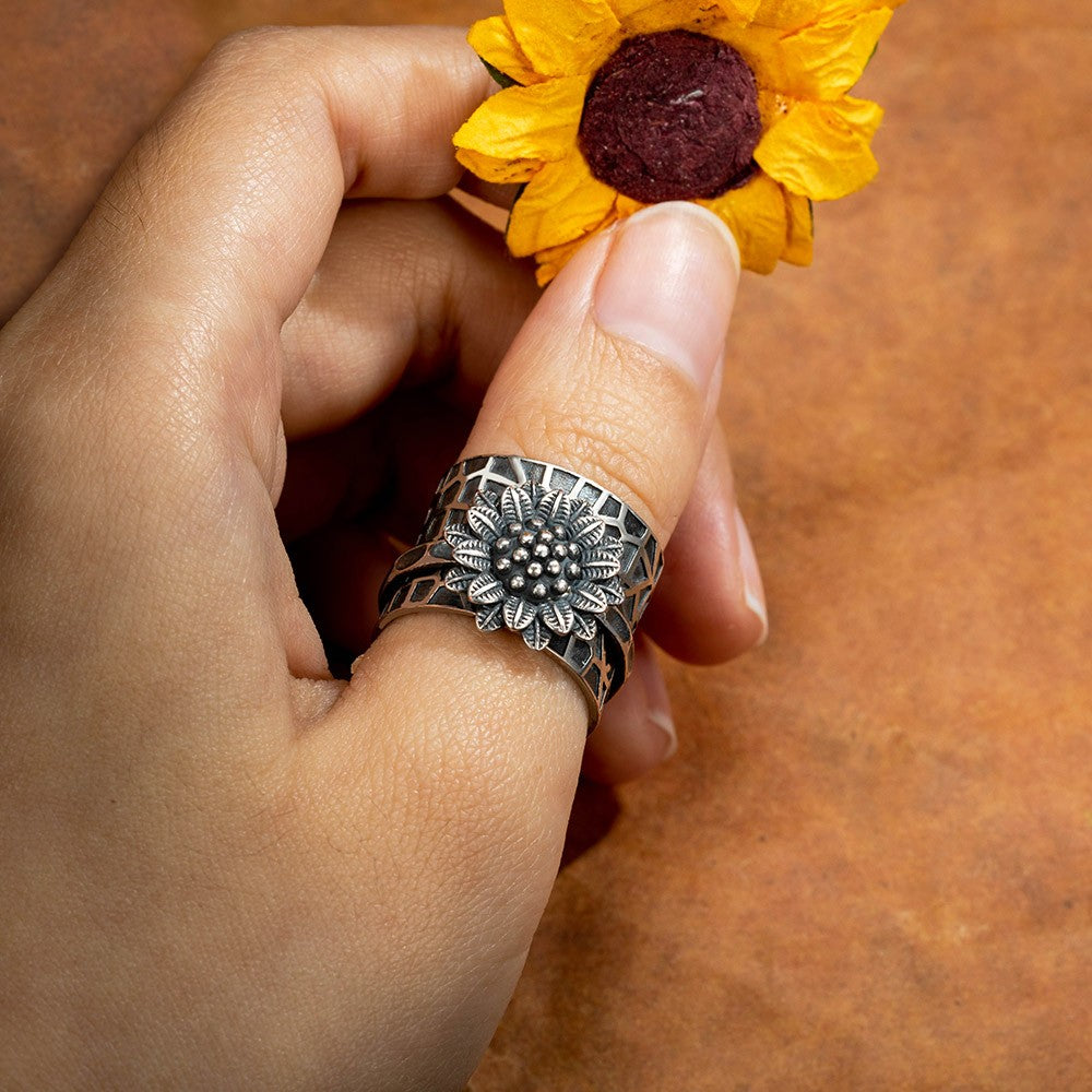 Custom Sunflower Fidget Ring, Anti-Anxiety Flower Spinner Ring, Worry Ring, Sterling Silver 925/Brass Boho Chunky Ring, Fidget Jewelry for Women