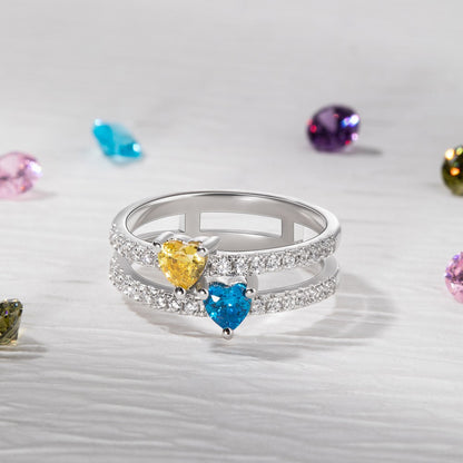 Personalized Double Heart Birthstone Ring, Custom Family Ring, Double Band Ring, Sterling Silver/Brass Ring, Birthday/Mother's/Valentine's Day Gift
