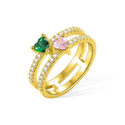 Personalized Double Heart Birthstone Ring, Custom Family Ring, Double Band Ring, Sterling Silver/Brass Ring, Birthday/Mother's/Valentine's Day Gift