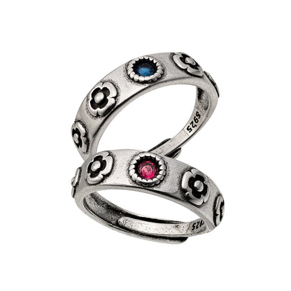 Vintage Red and Blue Gem Rings with Flower, Sterling Silver 925 Ring, Adjustable Ring, Gift for Howl's Moving Castle Fans