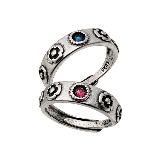 Vintage Red and Blue Gem Rings with Flower, Sterling Silver 925 Ring, Adjustable Ring, Gift for Howl's Moving Castle Fans
