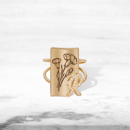 Custom Birth Flower Ring with Shining Initial, Floral Signet Ring, Sterling Silver 925 Women's Ring, Birthday/Mother's Day Gift for Mom/Wife/Family
