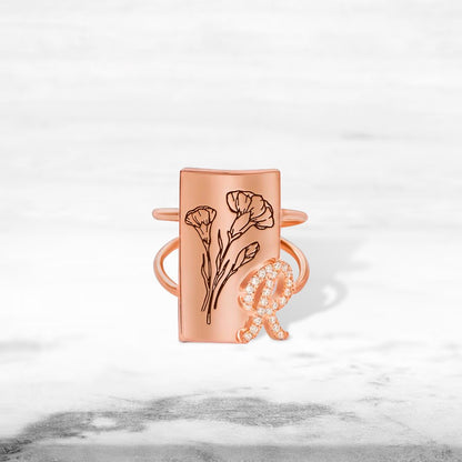 Custom Birth Flower Ring with Shining Initial, Floral Signet Ring, Sterling Silver 925 Women's Ring, Birthday/Mother's Day Gift for Mom/Wife/Family