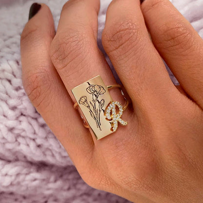 Custom Birth Flower Ring with Shining Initial, Floral Signet Ring, Sterling Silver 925 Women's Ring, Birthday/Mother's Day Gift for Mom/Wife/Family