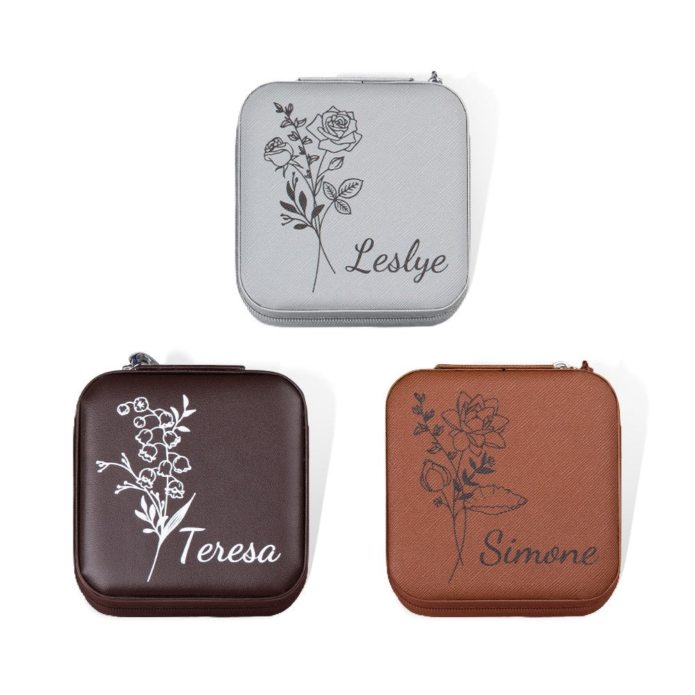 Birth Flower Jewelry Travel Case, Personalized Birthday Gift, Custom Leather Jewelry Box, Gifts for Wedding/Bridesmaid/Mom/Women