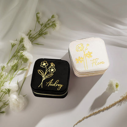 Birth Flower Jewelry Travel Case, Personalized Birthday Gift, Custom Velvet Jewelry Box, Gifts for Wedding/Bridesmaid/Mom/Women