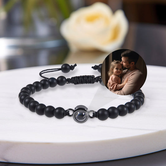 Custom Photo Projection Adjustable Tiger Eye Bracelet, Natural Round Crystal Gemstone Healing Bracelets, Birthday/Father's Day Gift for Men