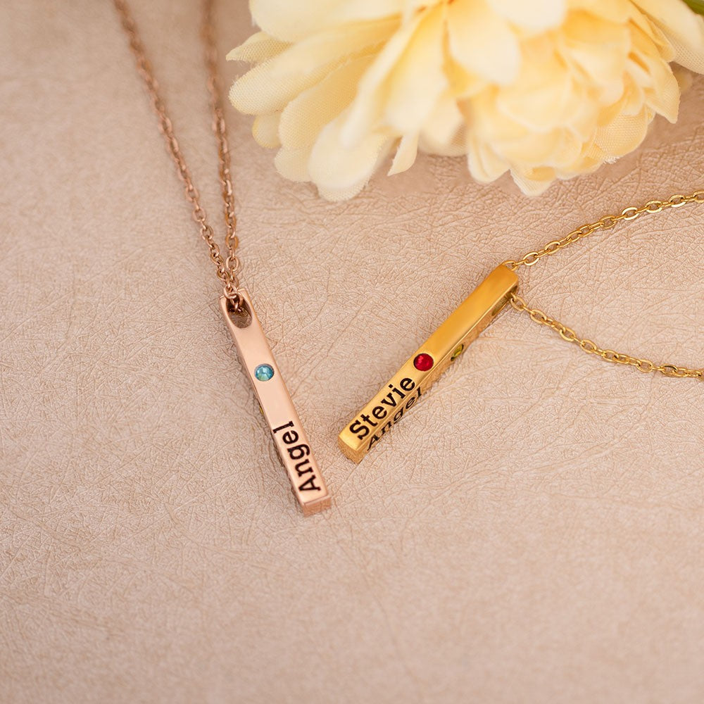 Personalized Engraved Birthstone Necklace with Name, Newborn Name&Date Memorial Necklace, 4-Sided Bar Necklace With Birthstone, Gift for New Mom