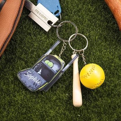 Custom Name Softball Backpack Keychain with Mini Wooden Bat, Mini Baseball Backpack Acrylic Keyring, Gift for Athlete/Sports Lover/Family/Friend