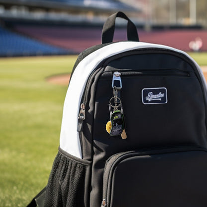 Custom Name Softball Backpack Keychain with Mini Wooden Bat, Mini Baseball Backpack Acrylic Keyring, Gift for Athlete/Sports Lover/Family/Friend