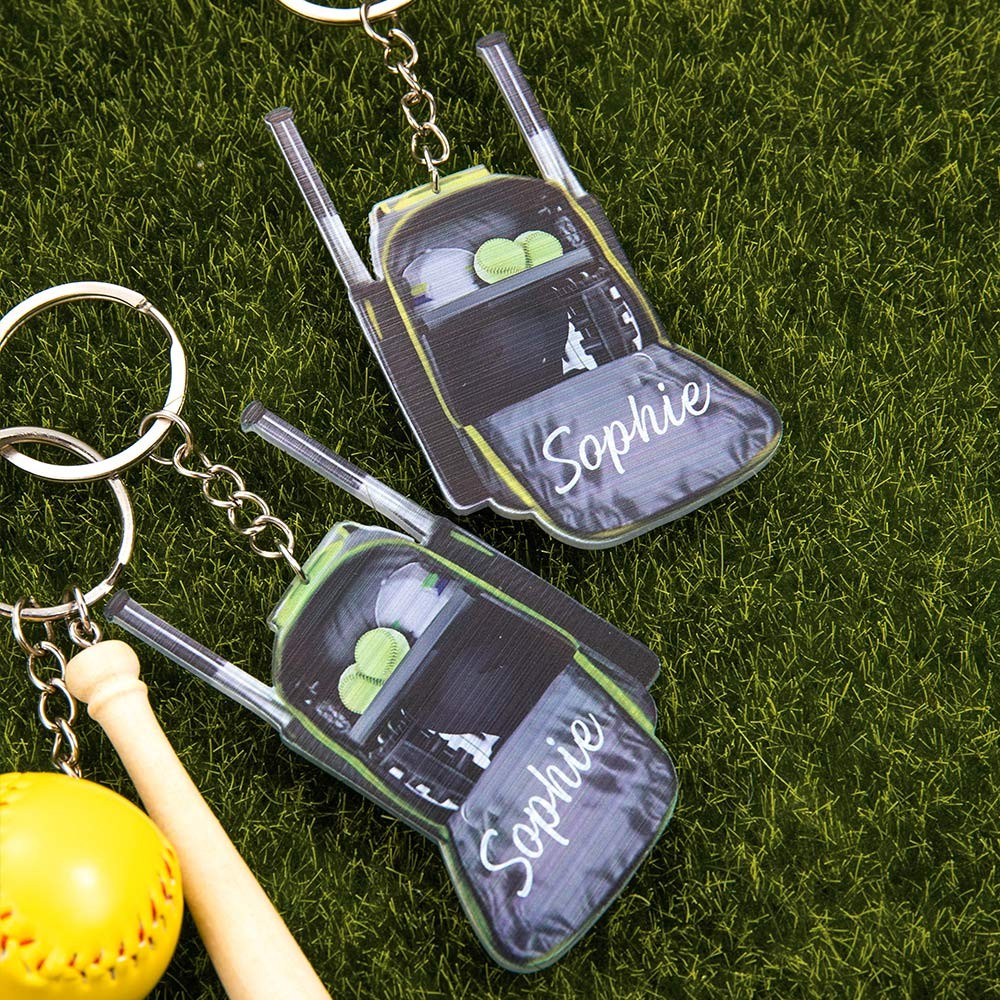 Custom Name Softball Backpack Keychain with Mini Wooden Bat, Mini Baseball Backpack Acrylic Keyring, Gift for Athlete/Sports Lover/Family/Friend