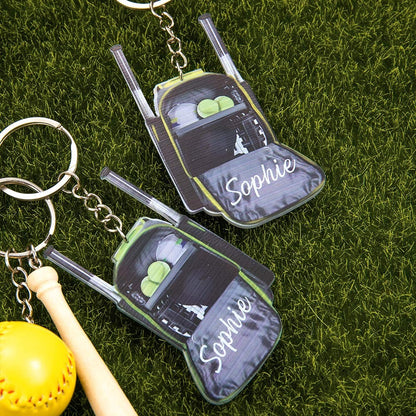 Custom Name Softball Backpack Keychain with Mini Wooden Bat, Mini Baseball Backpack Acrylic Keyring, Gift for Athlete/Sports Lover/Family/Friend