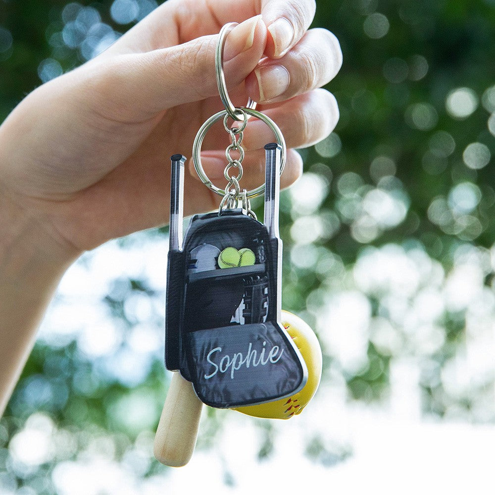 Custom Name Softball Backpack Keychain with Mini Wooden Bat, Mini Baseball Backpack Acrylic Keyring, Gift for Athlete/Sports Lover/Family/Friend
