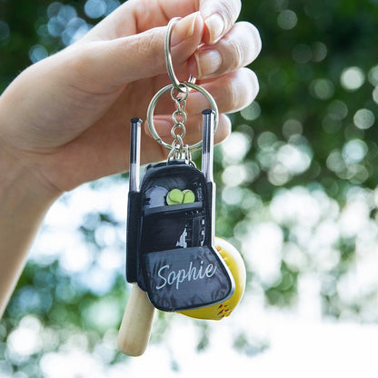 Custom Name Softball Backpack Keychain with Mini Wooden Bat, Mini Baseball Backpack Acrylic Keyring, Gift for Athlete/Sports Lover/Family/Friend