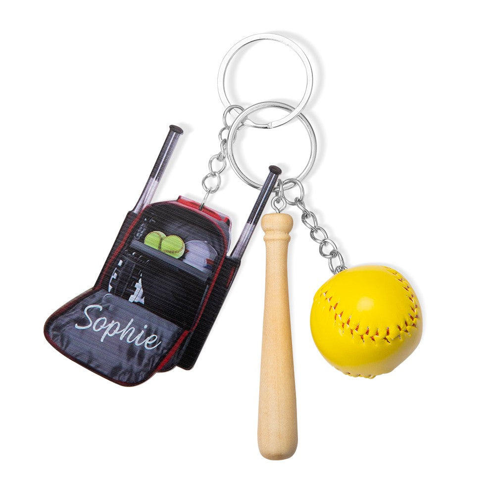 Custom Name Softball Backpack Keychain with Mini Wooden Bat, Mini Baseball Backpack Acrylic Keyring, Gift for Athlete/Sports Lover/Family/Friend