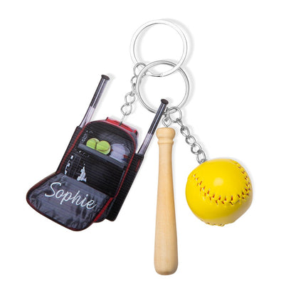 Custom Name Softball Backpack Keychain with Mini Wooden Bat, Mini Baseball Backpack Acrylic Keyring, Gift for Athlete/Sports Lover/Family/Friend