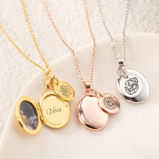 Personalized Birth Flower & Photo Necklace, Photo Necklace with Name, Oval Locket Necklace, BirthDay/Valentine's Gift for Mom/Grandma/Wife/Couple