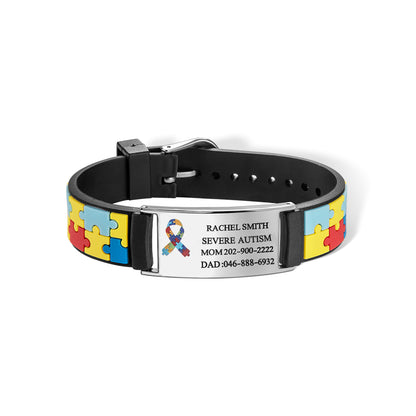 Personalized Autism Medical Alert ID Bracelet, Custom Engraved Name Autism Awareness Medical Alert Bracelet, Emergency Silicone Wristband for Kids/Adult