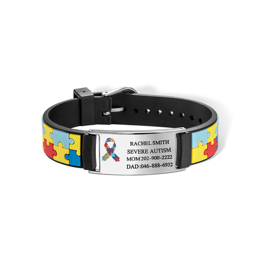 Personalized Autism Medical Alert ID Bracelet, Custom Engraved Name Autism Awareness Medical Alert Bracelet, Emergency Silicone Wristband for Kids/Adult
