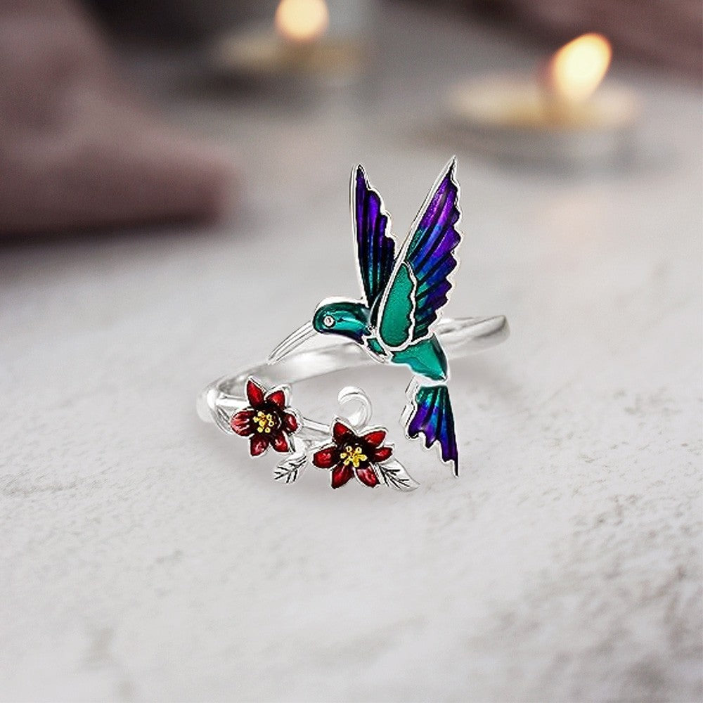 Custom Name Hummingbird Ring, Hummingbird Ring with Red Bell Flower, Hummingbird Stacking Ring, Adjustable Ring, Birds Pendant Ring, Gifts for Women