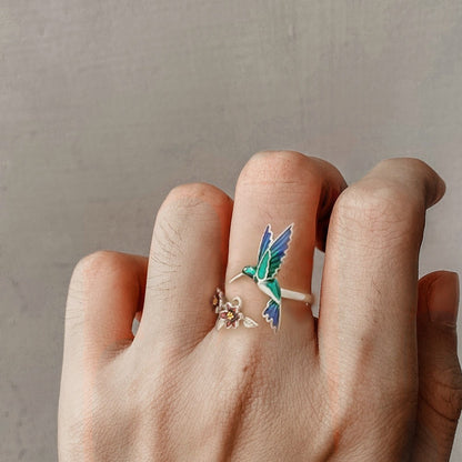 Custom Name Hummingbird Ring, Hummingbird Ring with Red Bell Flower, Hummingbird Stacking Ring, Adjustable Ring, Birds Pendant Ring, Gifts for Women