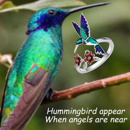 Custom Name Hummingbird Ring, Hummingbird Ring with Red Bell Flower, Hummingbird Stacking Ring, Adjustable Ring, Birds Pendant Ring, Gifts for Women