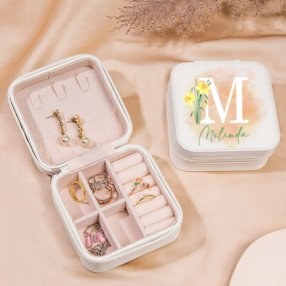 Personalized Birth Flower Jewelry Travel Case, Custom Leather Jewelry Box, Birthday Gift, Gifts for Wedding/Bridesmaid/Mom/Women