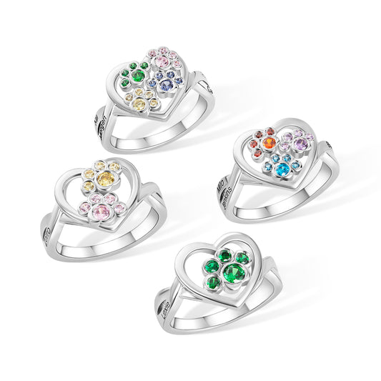 Custom 1-4 Paw Birthstone Pet Ring, Sterling Silver 925 Paw Print Pet Memorial Jewelry, Furry Mom Ring, Dog Mom Ring, Gift for Pet Lover/Owner
