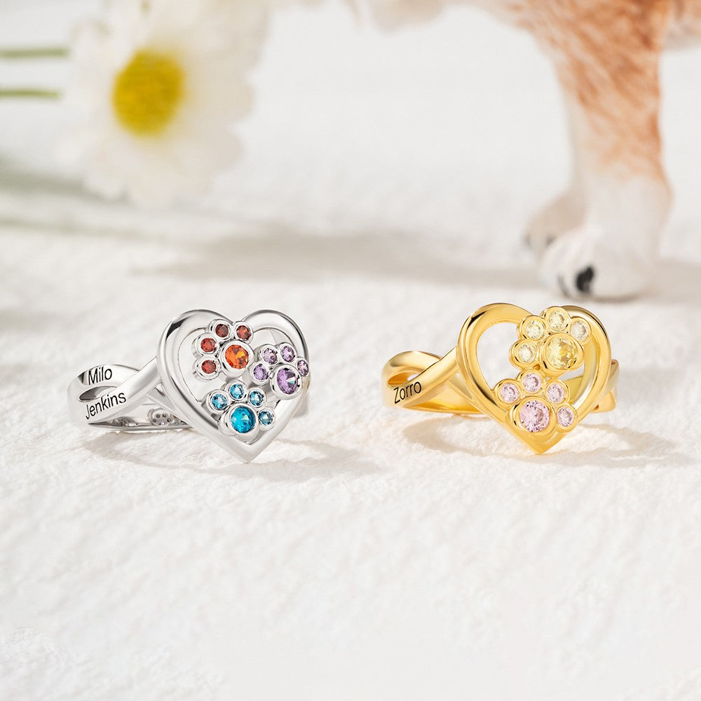 Custom 1-4 Paw Birthstone Pet Ring, Sterling Silver 925 Paw Print Pet Memorial Jewelry, Furry Mom Ring, Dog Mom Ring, Gift for Pet Lover/Owner