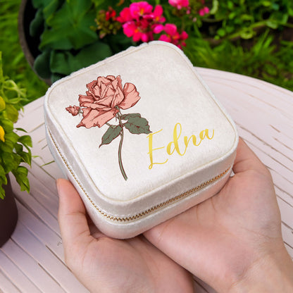 Birth Flower Jewelry Travel Case, Personalized Birthday Gift, Custom Velvet Jewelry Box, Gifts for Wedding/Bridesmaid/Mom/Women