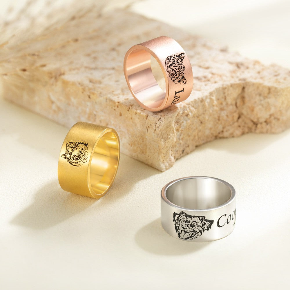 Custom Pet Photo Ring, Name Engraved Sterling Silver Ring, Memorial/Sympathy Gift, Pet Loss Jewelry