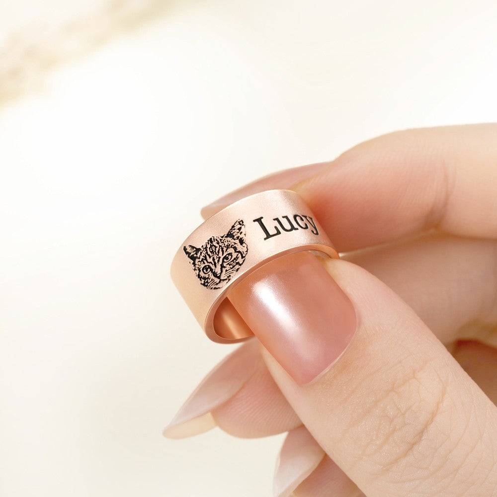 Custom Pet Photo Ring, Name Engraved Sterling Silver Ring, Memorial/Sympathy Gift, Pet Loss Jewelry